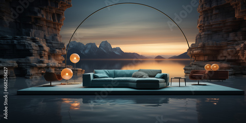 Moderne Wohnzimmer Couch im wellnes Blau im Relax Raum Querformat für Banner, ai generativ