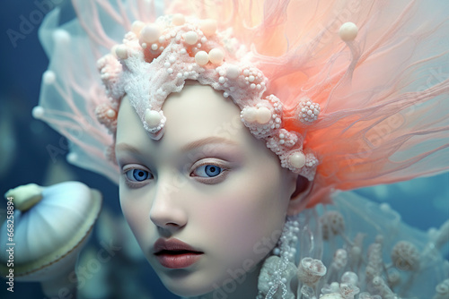 Close up portrait of beautiful mermaid under water swimming with fish among coral reef fashion pearls veil headwear Generative Ai