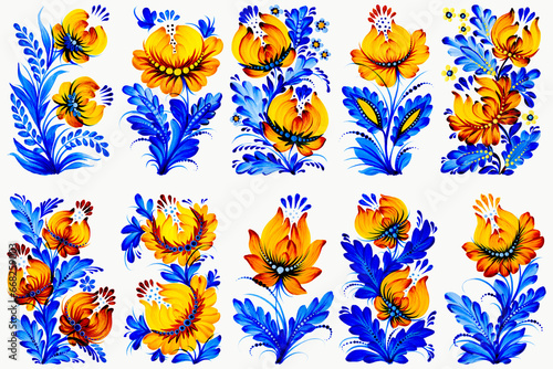 Set of hand drawn flowers and leaves. Botanical watercolor illustration.