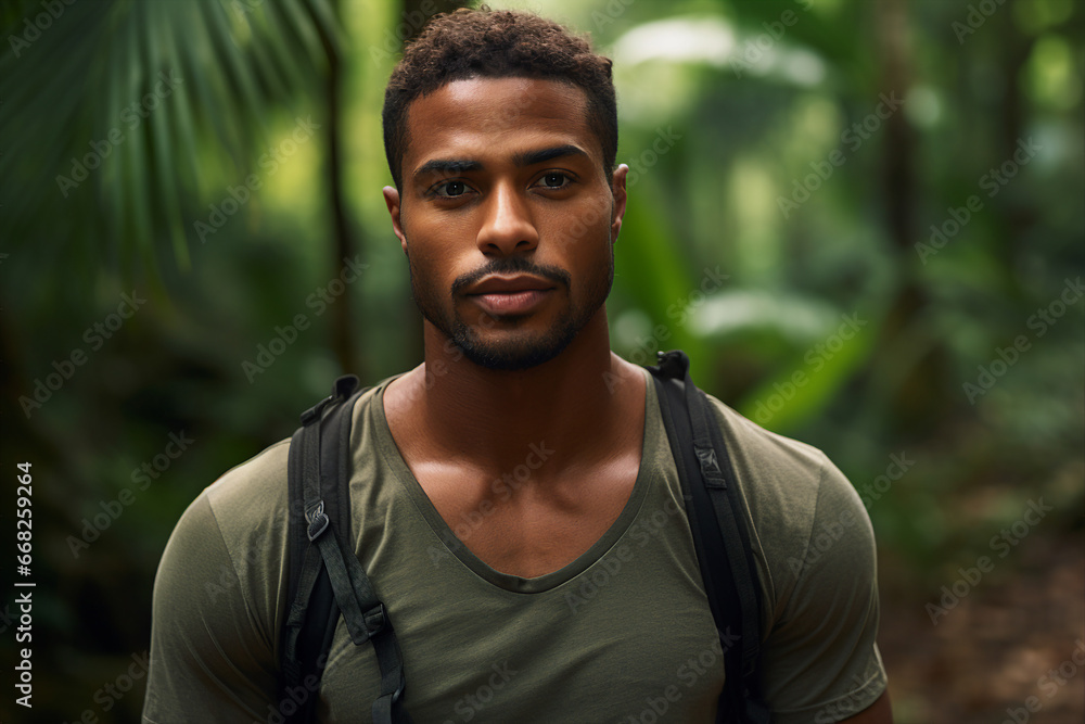 Photography of happy handsome man travel in tropical island generative AI concept Photography of happy handsome man travel in tropical island generative AI concept