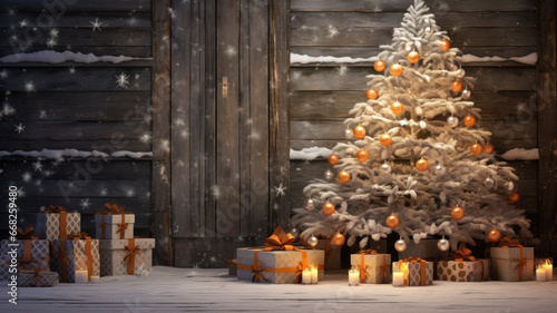 Christmas Tree and Presents on Rustic Wooden Background