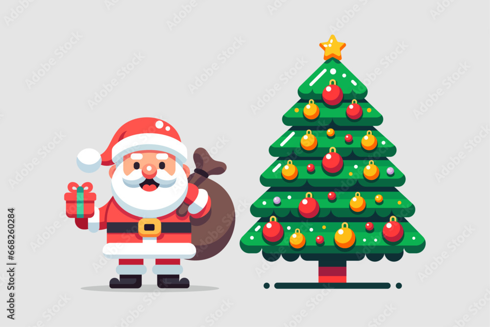 A cheerful Santa Claus holding a gift bag. A Christmas tree adorned with ornaments. A cheerful Santa Claus holding a gift bag. A Christmas tree adorned with ornaments.