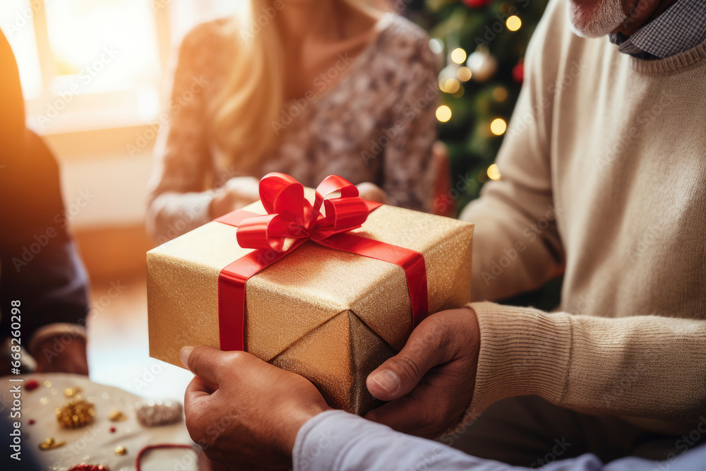 Close up of a Young man giving a gift box to his surprised happy woman. Hands of young couple giving and receiving a christmas gift box to each other