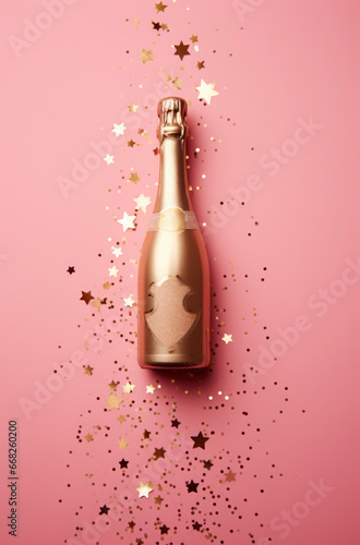 Celebration background with golden champagne bottle, gold confetti and glitter glow dust on pink background. Christmas, birthday or wedding concept. Flat lay. © saquizeta