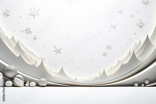 Christmas scene, paper cut forming a forest with pine trees, mountains and snowy nature with an empty circular frame for text or message. Christmas background in white tones photo