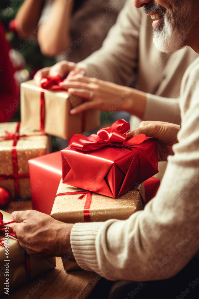 Close up of a Young man giving a gift box to his surprised happy woman. Hands of young couple giving and receiving a christmas gift box to each other Close up of a Young man giving a gift box to his surprised happy woman. Hands of young couple giving and receiving a christmas gift box to each other