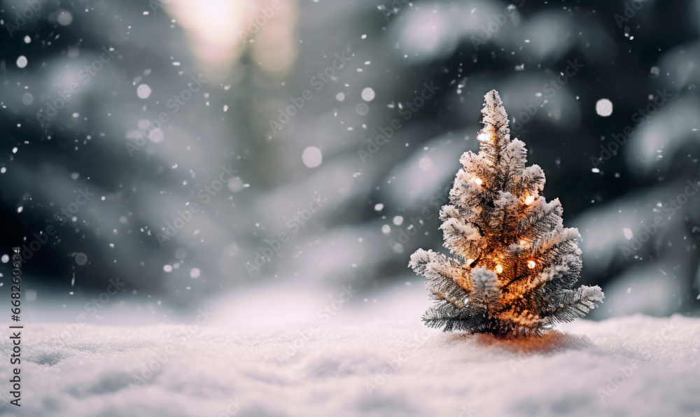 Small Christmas tree with lights on the snow in an open winter forest, Christmas postcard.