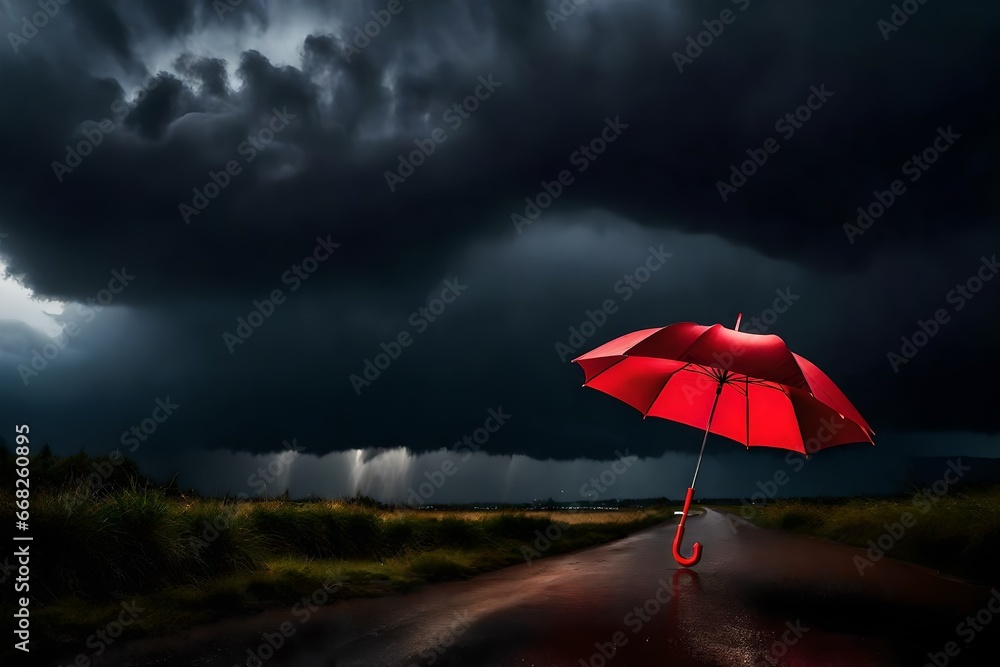 Black clouds and a group of stormy skies are contrasted with a red umbrella