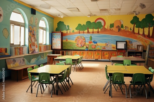 Child-friendly Classroom preschool. Nursery interior toy. Generate Ai