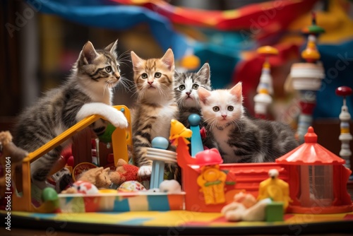 Photo of a group of kittens hosting a miniature carnival with rides and games. Generative AI