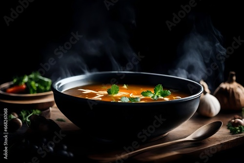 Bowl of soup with steaming on wooden table on black background