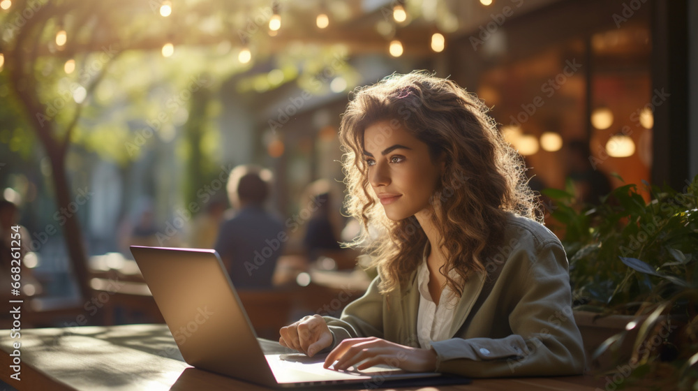 Female freelancer using laptop at Coffee shop, young woman browsing internet, chatting, blogging Female freelancer using laptop at Coffee shop, young woman browsing internet, chatting, blogging