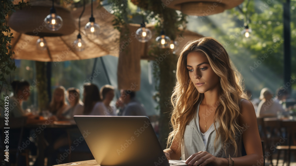 Female freelancer using laptop at Coffee shop, young woman browsing internet, chatting, blogging Female freelancer using laptop at Coffee shop, young woman browsing internet, chatting, blogging