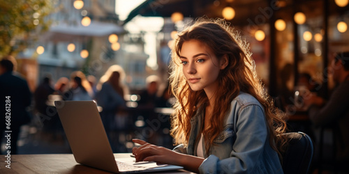 Female freelancer using laptop at Coffee shop, young woman browsing internet, chatting, blogging