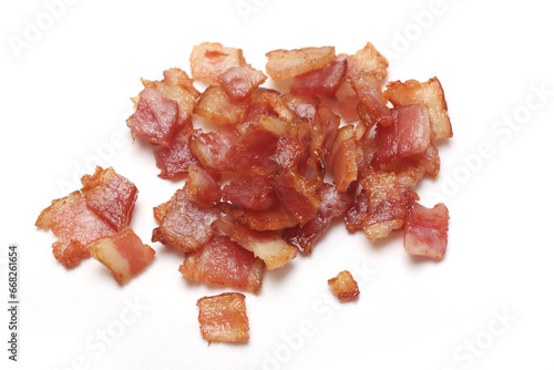 Close up of top view bacon fried crispy isolated white background. photo