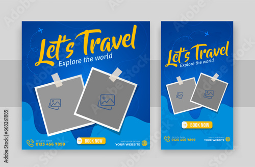 Travel social media post design with instagram story, social media travel, time travel banner, world travel banner, online travel banner, advertising travel banner, Editable vector illustration