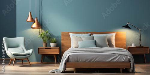Stilvolles Schlafzimmer in blau Ton und schöner Dekoration im modernen Ambiente, ai generativ