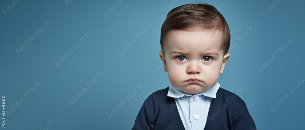 Portrait of serious stern baby on pastel background, Generative AI - obrazy, fototapety, plakaty 
