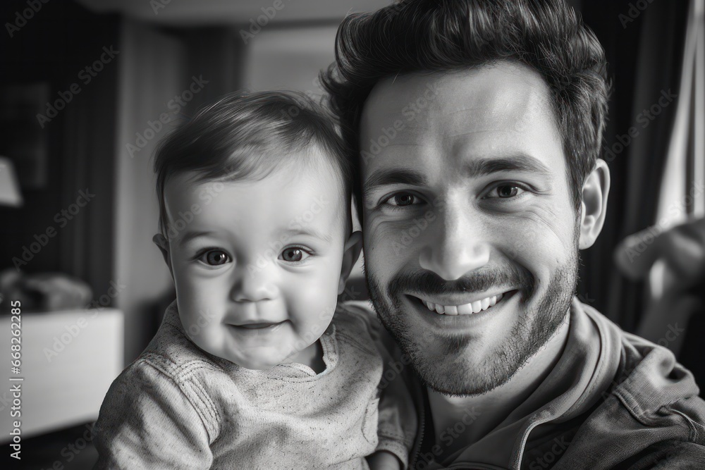 Portrait of caucasian father with newborn baby girl, Generative AI