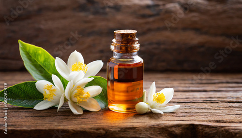 neroli essential oil with flowers on a wooden background generative ai 2