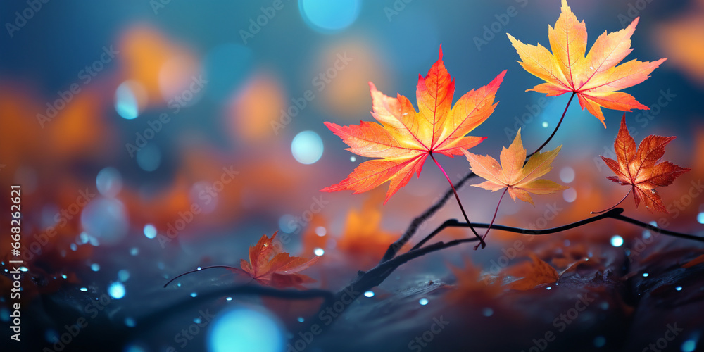 closeup colorful autumn bright autumn leaf, beautiful serene scenery, copy space for greeting card