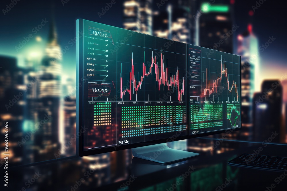 Illustration of Stock market or forex trading graph and candlestick chart suitable for financial investment concept. Generative AI Illustration of Stock market or forex trading graph and candlestick chart suitable for financial investment concept. Generative AI