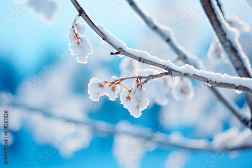 Snow covered alder tree branch against on blue background