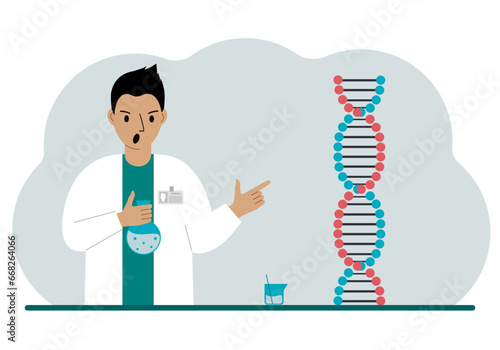 Male doctor with flasks near the dna chain. The concept of a new coronavirus, virus, pcr or disease treatment.