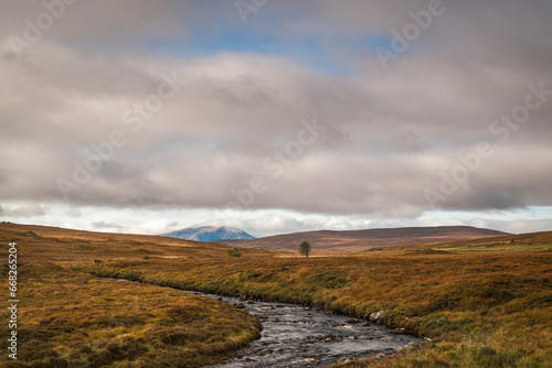 A cloudy autumnal HDR image of Lon Achadh na h-Albhne and a distant Ben Hee at Inchkinloch in Sutherland, Scotland.