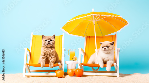 Portrait shot of cat with cute face with beach umbrella and some drink cocktail,colorful moody studio background.summer and vacation concepts © Limitless Visions