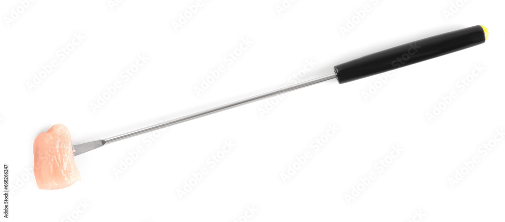 Fondue fork with piece of raw meat isolated on white, top view Fondue fork with piece of raw meat isolated on white, top view