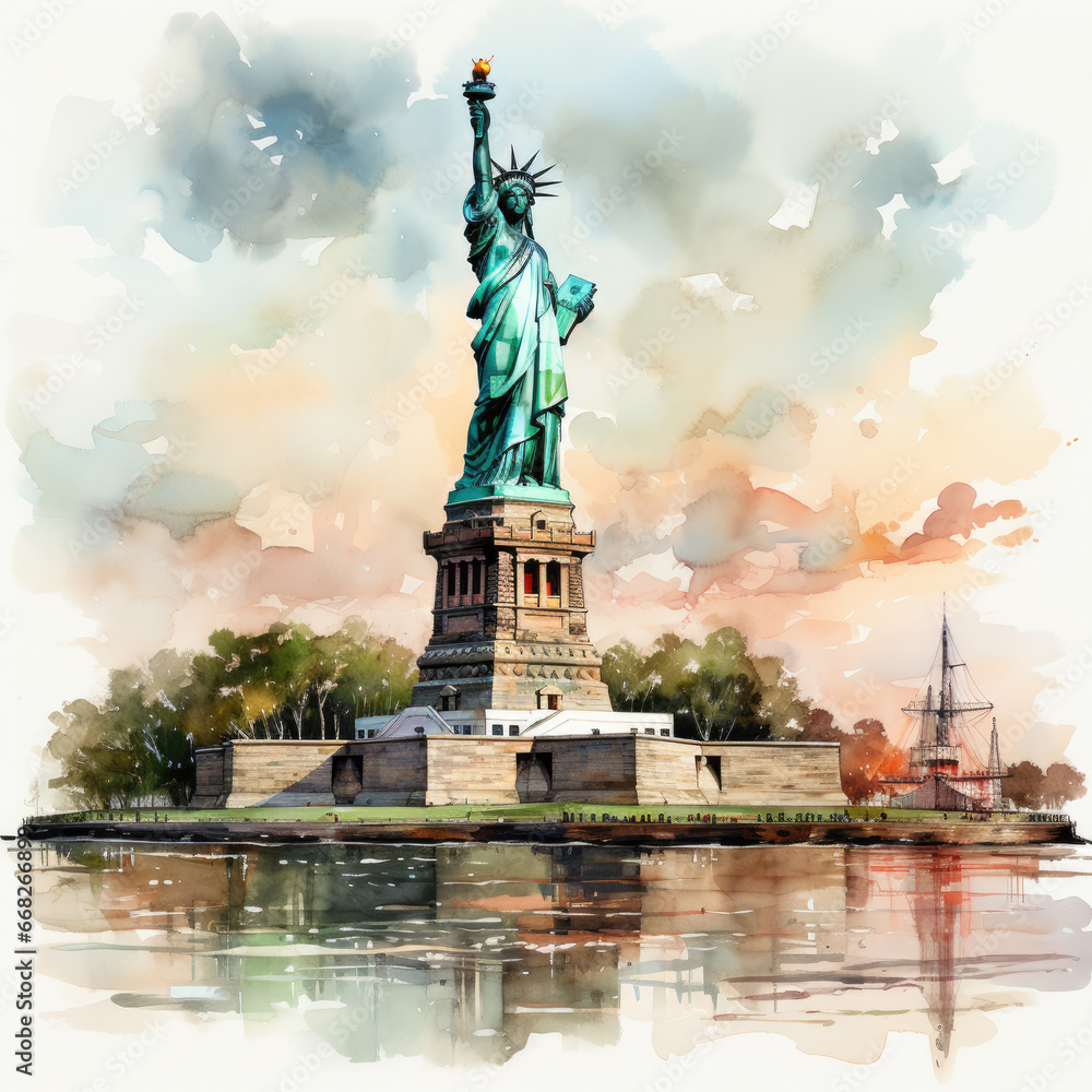 Obraz premium watercolor Statue of Liberty clipart, Generative Ai