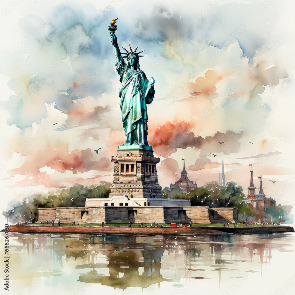 Fototapeta premium watercolor Statue of Liberty clipart, Generative Ai