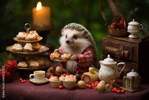 Photo of a hedgehog having a tea party with plush toys and miniature pastries. Generative AI © Aditya