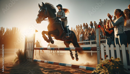 Junges Mädchen auf einem Pferd springt über ein Hindernis Hürde mit Zuschauern im Stadion Bauernhof bei Sonnenuntergang photo
