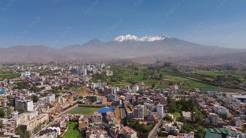 Aerial view of Arequipa , district of Cayma, with the Chachani volcano on the background Aerial view of Arequipa , district of Cayma, with the Chachani volcano on the background