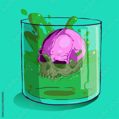 skull submerged in acidic fluid vector illustration