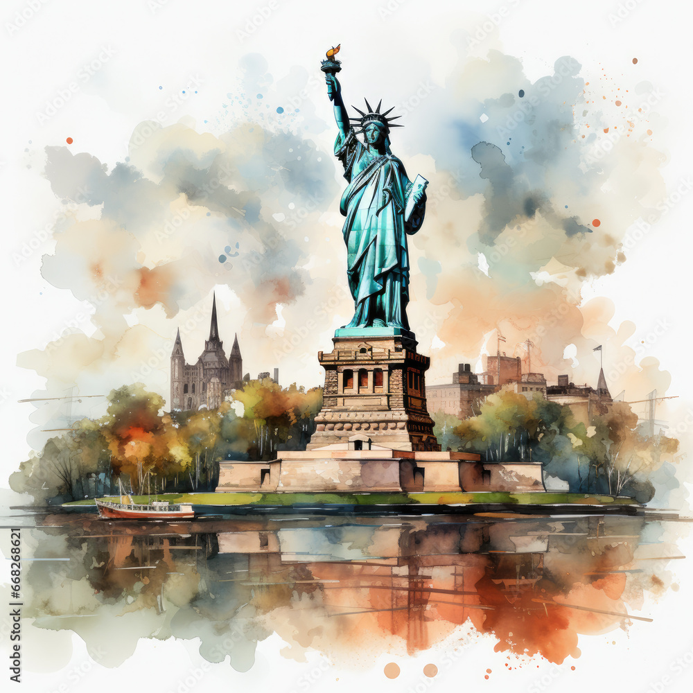 Fototapeta premium watercolor Statue of Liberty clipart, Generative Ai