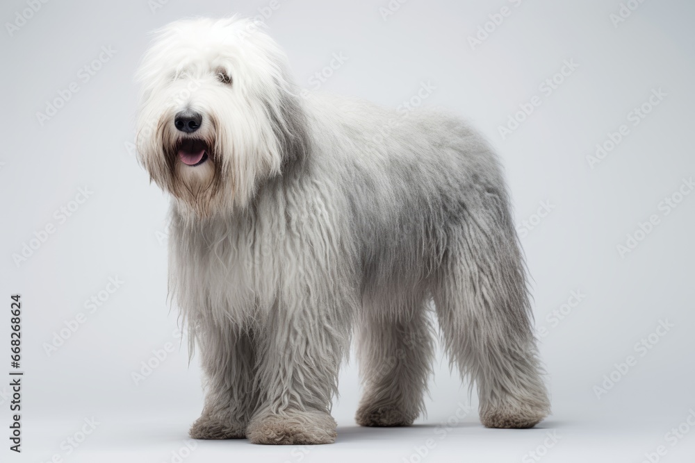 Photo of a majestic Old English Sheepdog with a shaggy coat on a clean white surface. Generative AI