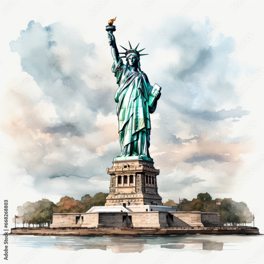 Obraz premium watercolor Statue of Liberty clipart, Generative Ai