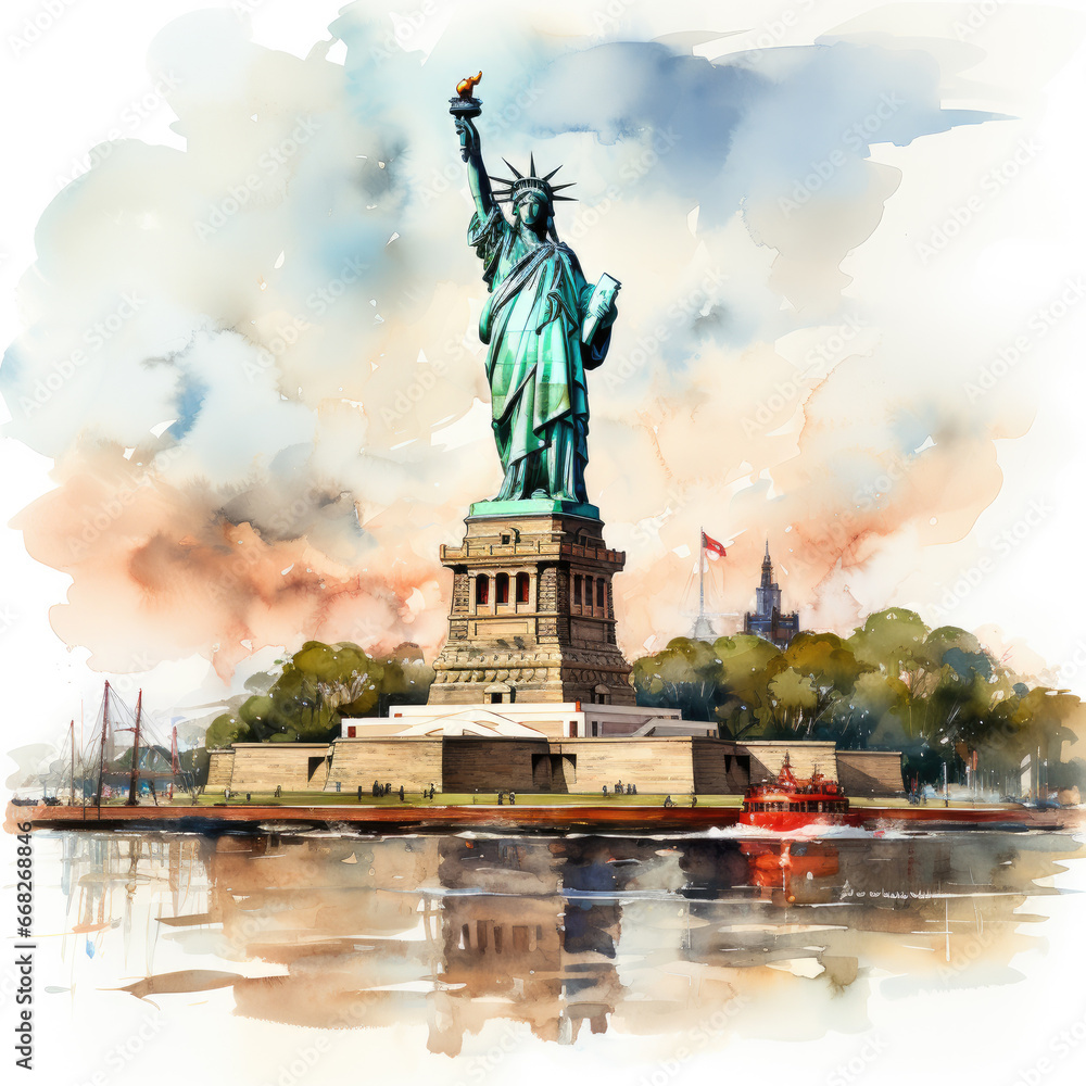 Fototapeta premium watercolor Statue of Liberty clipart, Generative Ai