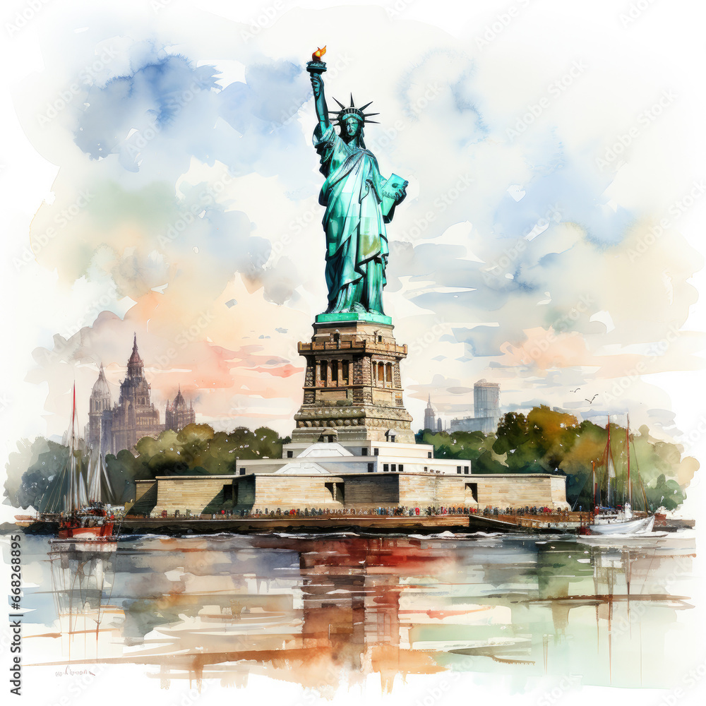 Fototapeta premium watercolor Statue of Liberty clipart, Generative Ai
