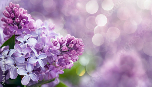 floral background with lilac and blur purple flowers with bokeh spring banner