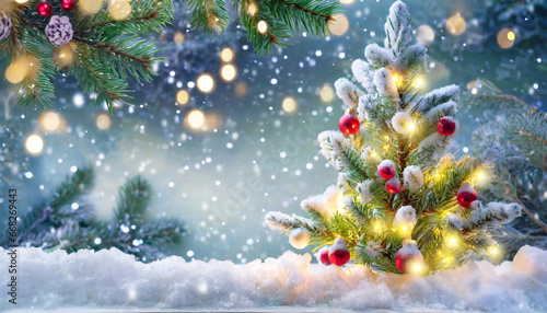 christmas background xmas tree with snow decorated with garland lights holiday festive background widescreen frame backdrop new year winter art design christmas scene wide screen holiday border