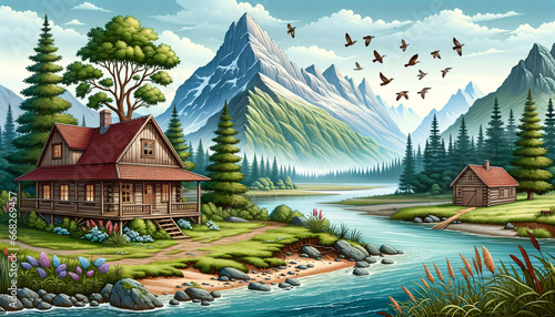 Illustration of a rustic wooden house by the riverbank, with tall mountains in the distance, and birds flying in the sky