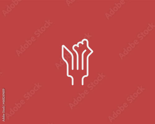 Fork chicken linear logo. Minimalistic chicken cock symbol. Cafe restaurant grill logotype. Vector illustration.