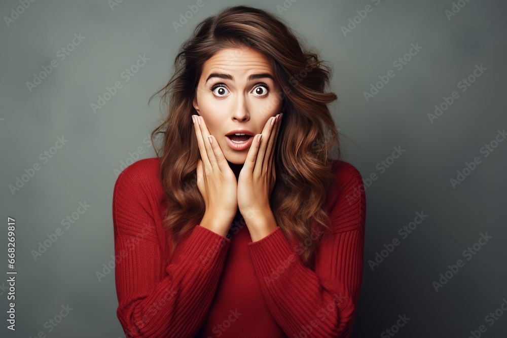 Woman in Red Sweater with Hands on Face Woman in Red Sweater with Hands on Face
