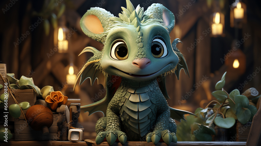 A small green dragon, a symbol of the New Year 2024, in a cozy, home environment with New Year's gifts. Generative AI A small green dragon, a symbol of the New Year 2024, in a cozy, home environment with New Year's gifts. Generative AI
