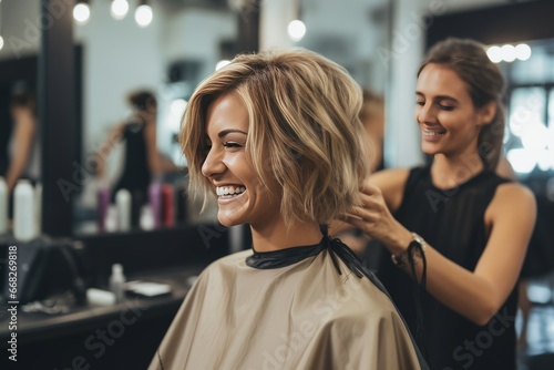 Hairdresser Styling a Client’s Hair in a Salon photo