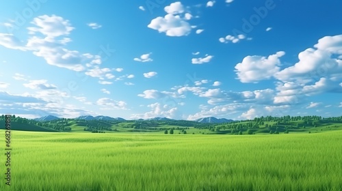 Natural Scenic Panorama Green Field with Blue Sky 